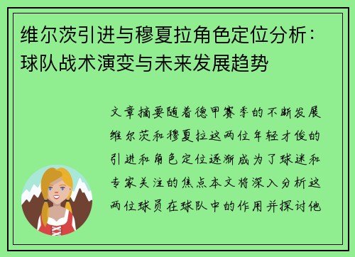 维尔茨引进与穆夏拉角色定位分析:球队战术演变与未来发展趋势 维尔茨引进与穆夏拉角色定位分析:球队战术演变与未来发展趋势