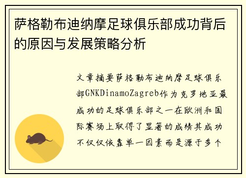 萨格勒布迪纳摩足球俱乐部成功背后的原因与发展策略分析 萨格勒布迪纳摩足球俱乐部成功背后的原因与发展策略分析
