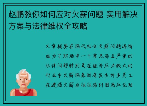 赵鹏教你如何应对欠薪问题 实用解决方案与法律维权全攻略